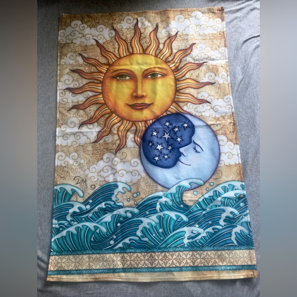 Super cute moon, sun, and ocean tapestry wall art with special detailed tacks